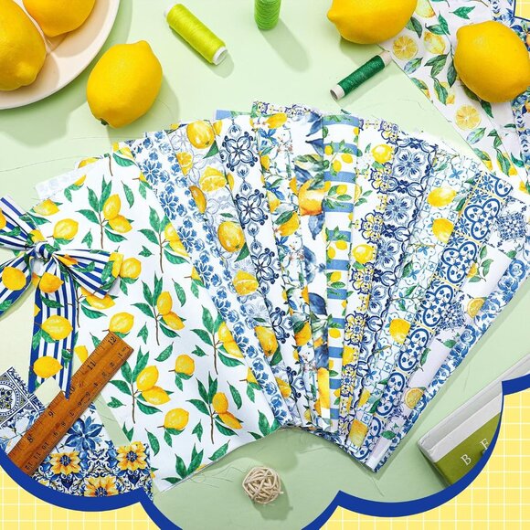 10 Pcs Quilted Fabric Bundle - Lemon Chinoiserie Floral Pattern, Multicolor, 18x - Picture 5 of 6